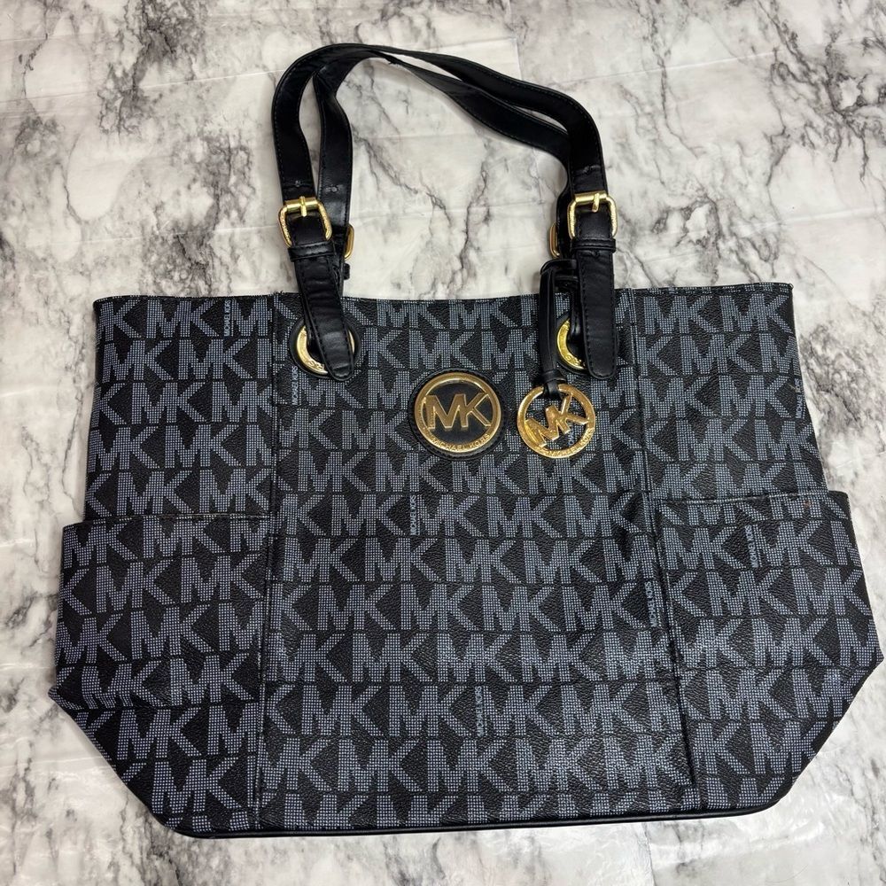 Michael Kors MK Logo Black Grey gold bag chain Shoulder Tote